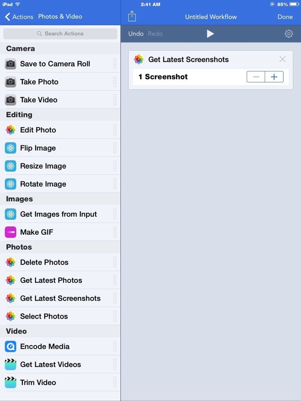 Under the Photos & Video section, I drag out a "Get Latest Screenshots" action. This action gets the latest screenshots you have taken with your iPhone or ipad.