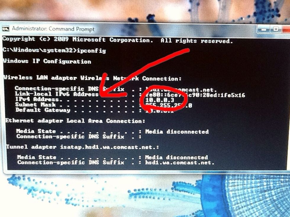 Underneath each network connection it will list an ipV4 and ipV6 address. I am wireless which is why my Ethernet connection shows "media disconnected" and doesn't list an IP address. :)