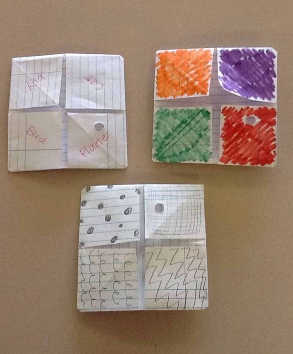 Unfold so it's flat. Then you can color each flap, you can put a pattern or you can put words. Whatever you want. It doesn't matter as long as they're all different.