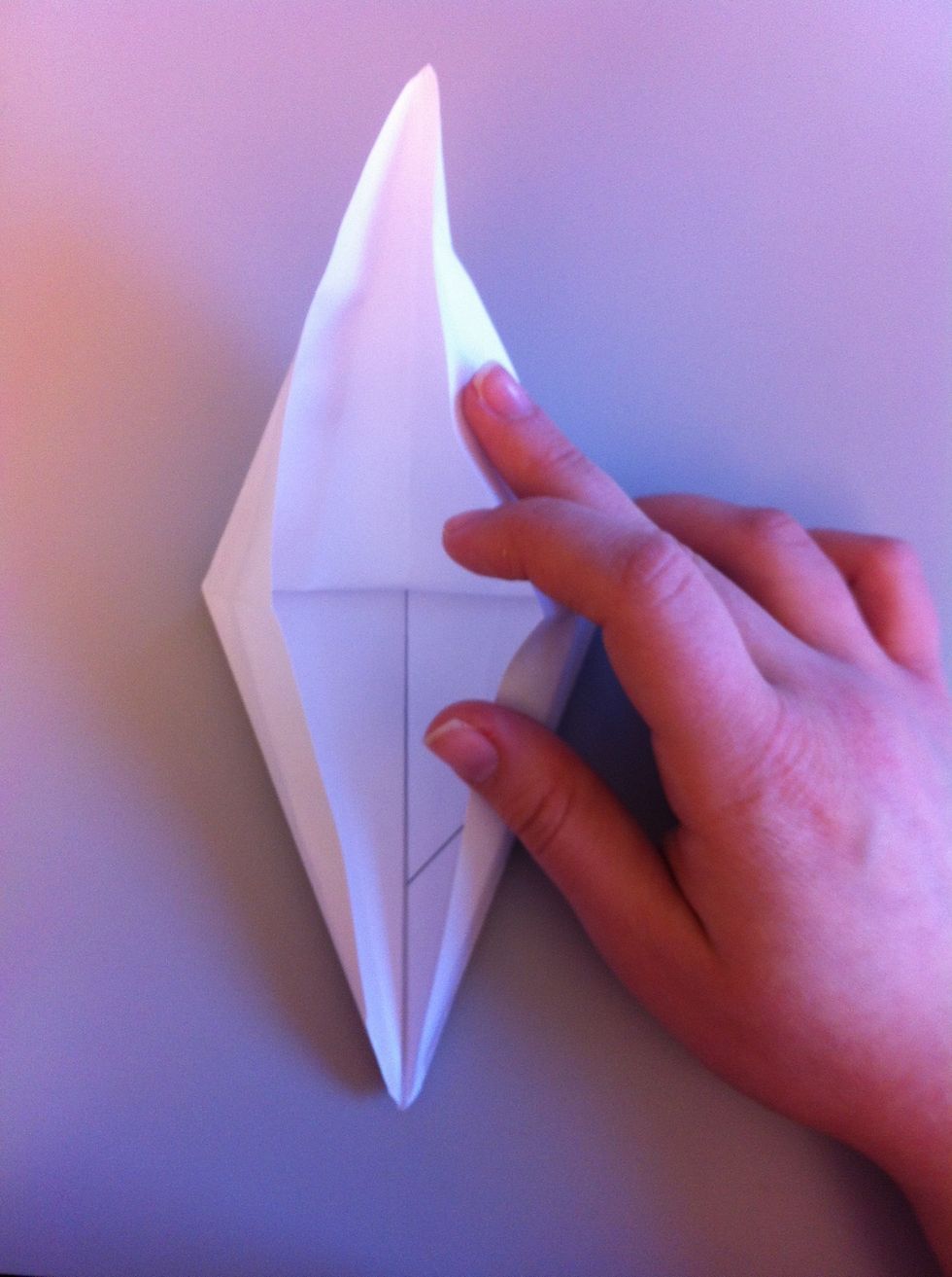 Unfold the sides you just folded and grab the corner that is pointing at you. Grab that corne and pull it upwards so that the paper unfolds. Do the same thing on the other side.
