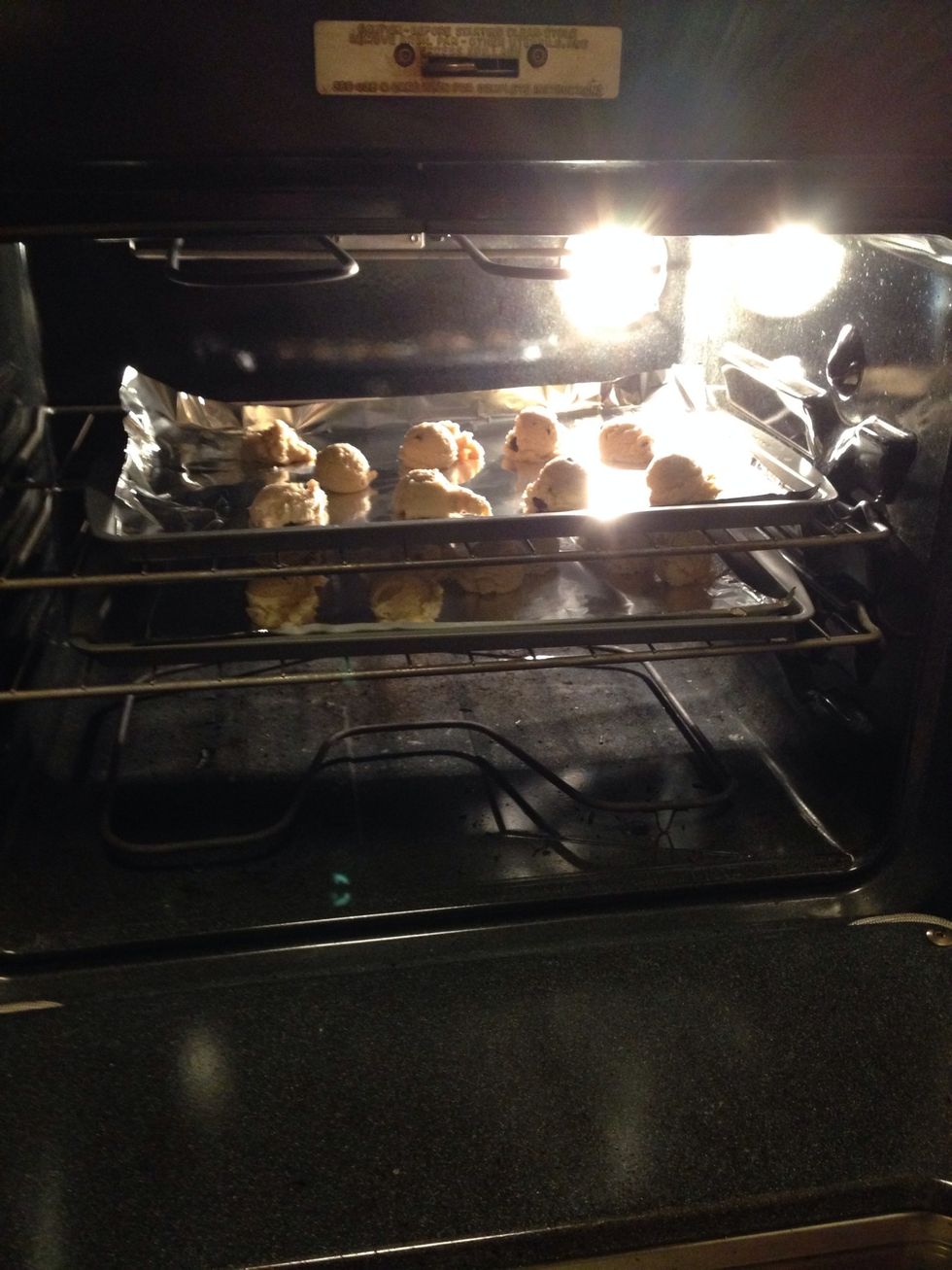 Unfortunately my oven cooks unevenly so I have to switch my racks halfway through or the bottoms/tops burn! I didn't set a timer, just checked them every 2 minutes while I cleaned. About 15 mins.