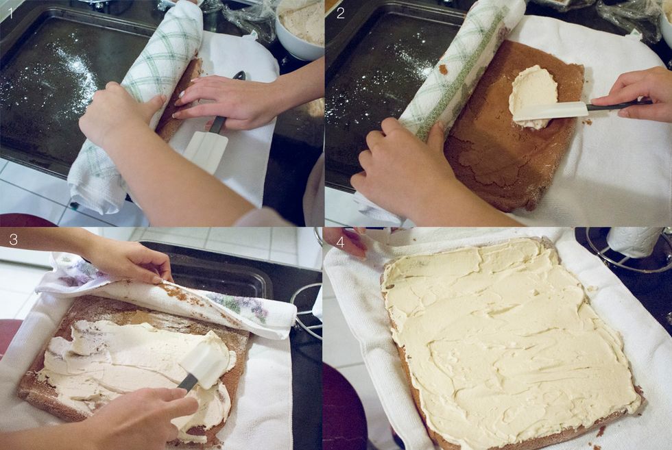 Unroll your cake and apply the Mocha Cream filling evenly. Leave about 1/2 inch border around the edges.