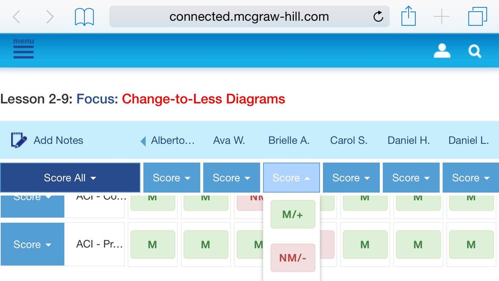 Unselect M+ for absent students or students not meeting needs. Just tap to change the score.