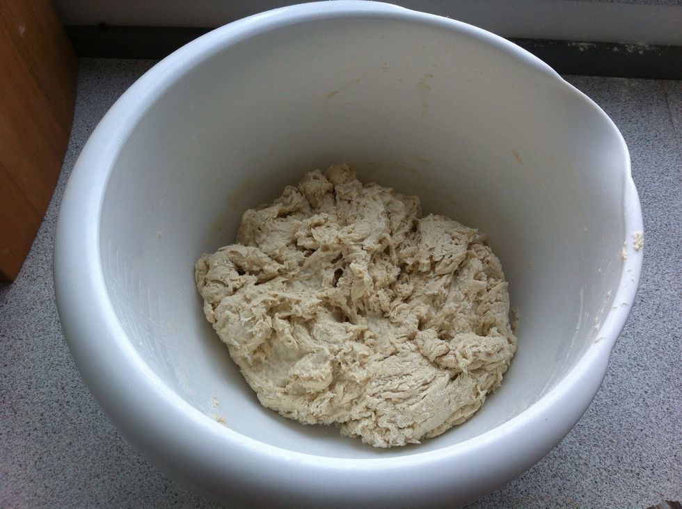 ...until the dough looks like this. It is not supposed to look pretty as the yeast will do all the kneading for you. Cover the dough and let it prove at room temperature for 10-12 hours.