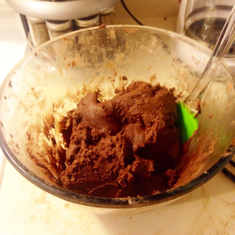 ...until you get this nice chocolatey dough. You may find your mixer has a hard time blending the flour all the way. Just stir in any remaining flour mix by hand.