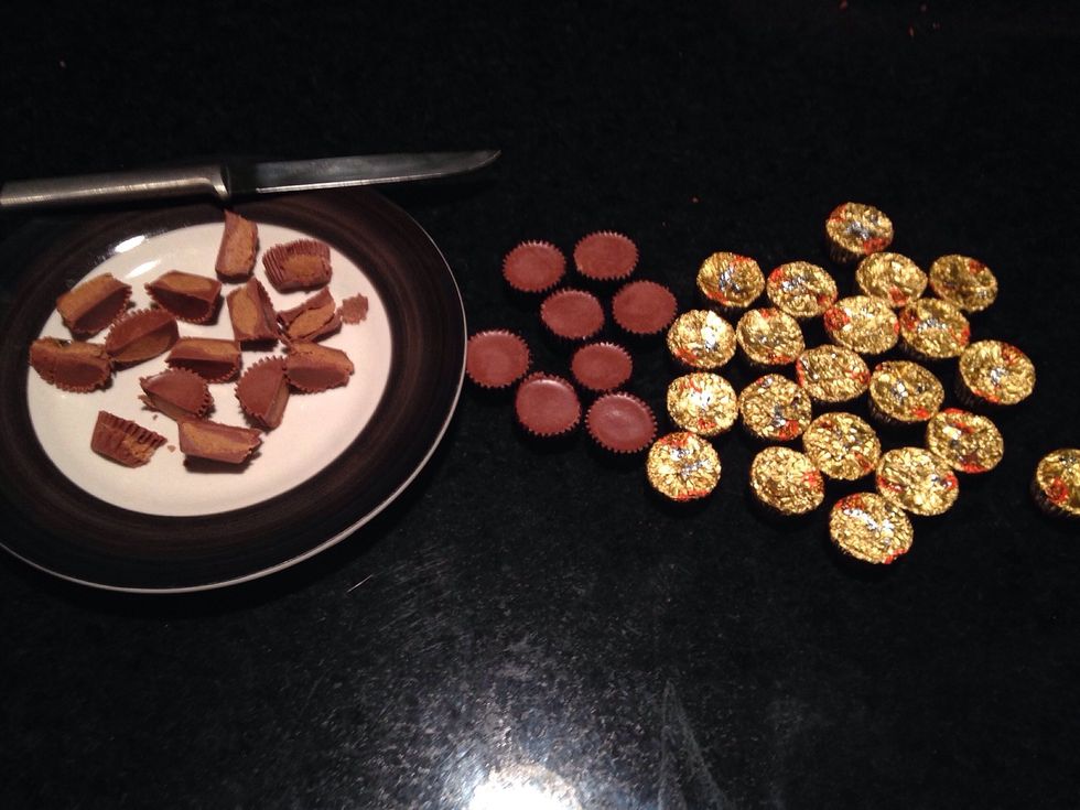 Unwrap and cut the peanut butter cups.
