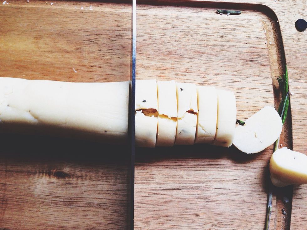 Unwrap the chilled logs and begin cutting even sections. Mine are about finger-width.