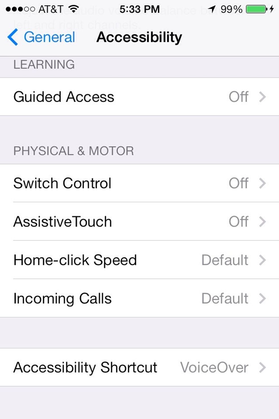 Update: iOS7 made a small change in the previous step. The Triple-Click home setting is now called, "Accessibility Shortcut". So toggle that to VoiceOver for triple click home button.