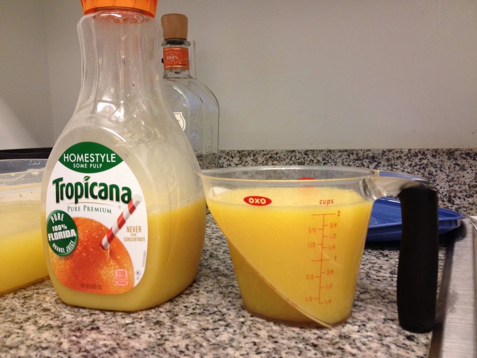 Use 4 Cups of Orange Juice . Pour into Tupperware container with Triple Sec, & Lime Juice.