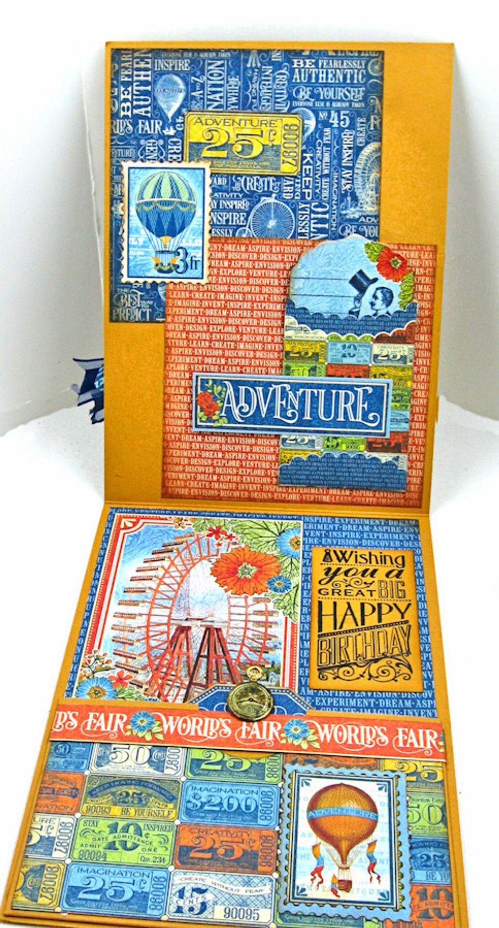 Use 6x6 prints to add blocks of color.  Decorate with fussy cut elements from paper collection.  Add a tag and pocket.  Place adventure title partially over the top.