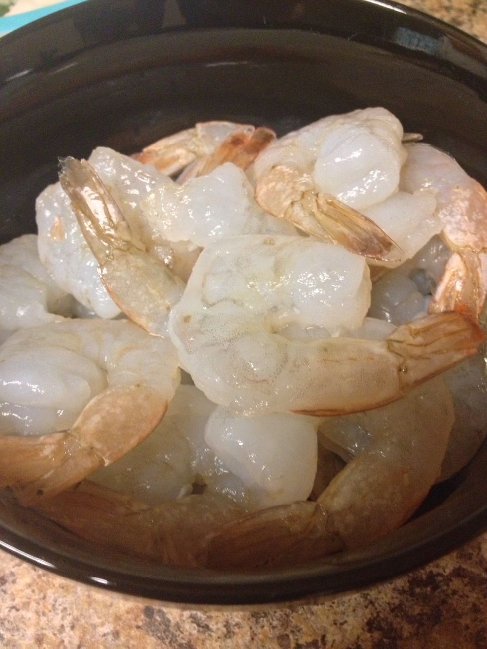 Use a bag of raw peeled shrimp with tails on. Thaw shrimp.