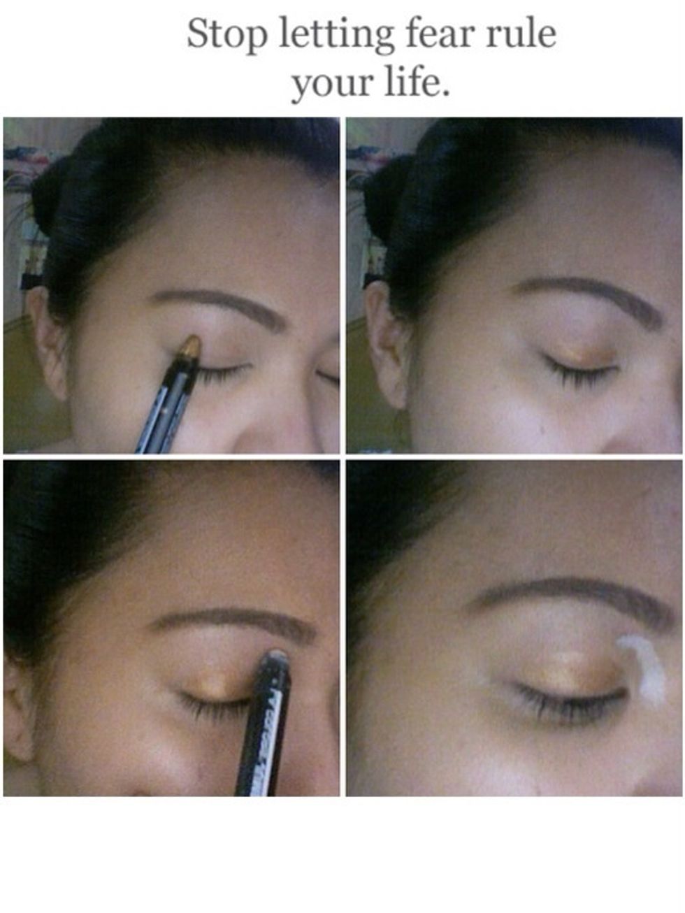 Use a creamy bronze jumbo pencil to base eye shadow. don't go all the way in or out. W/ a creamy white jumbo pencil, create a line above inner corner of the eye w/c will serve as base to highlight.