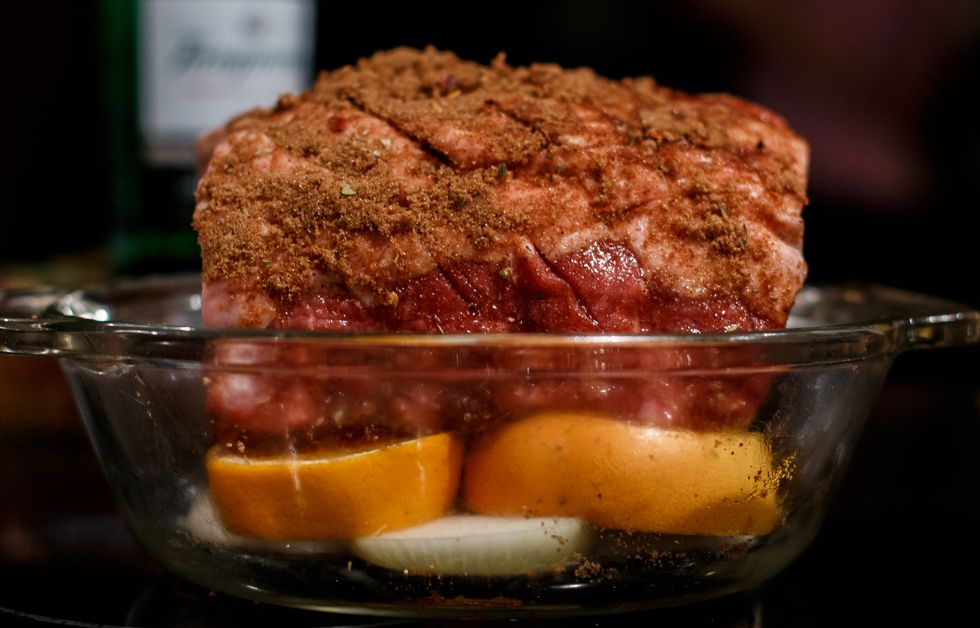 Use a dish that is the same size of the pork / onion / citrus stack