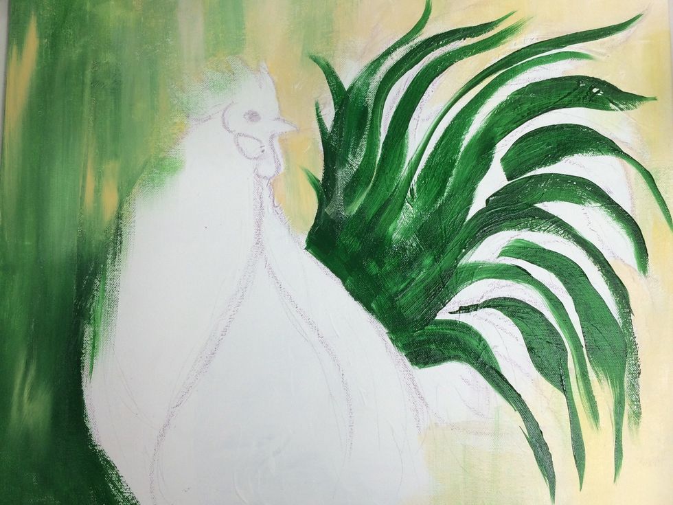 Use a flat head brush to start painting on dark green feathers. Begin with a broad stroke then twist the brush so the feathers get thin at the end.