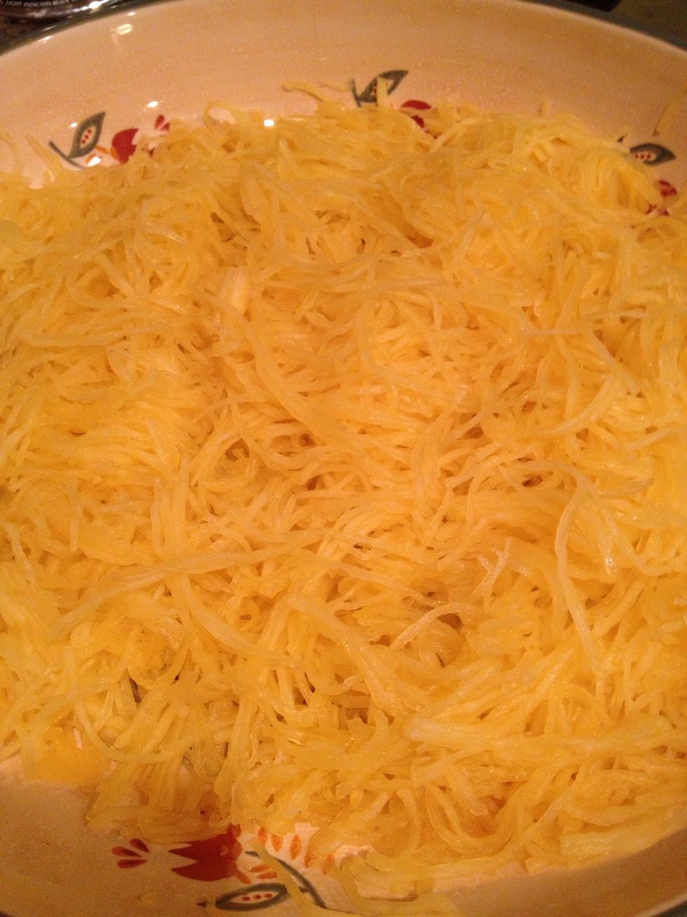 Use a fork to scrape squash. I scrapped my squash awAy from the skin length wise.