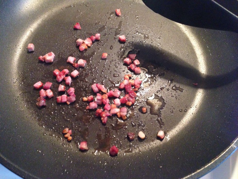 Use a high heat stove and fire it up. I have an electric stove with 3 levels and put it to 2.5. Fry the diced bacon for a couple of minutes but don't fry it completely.