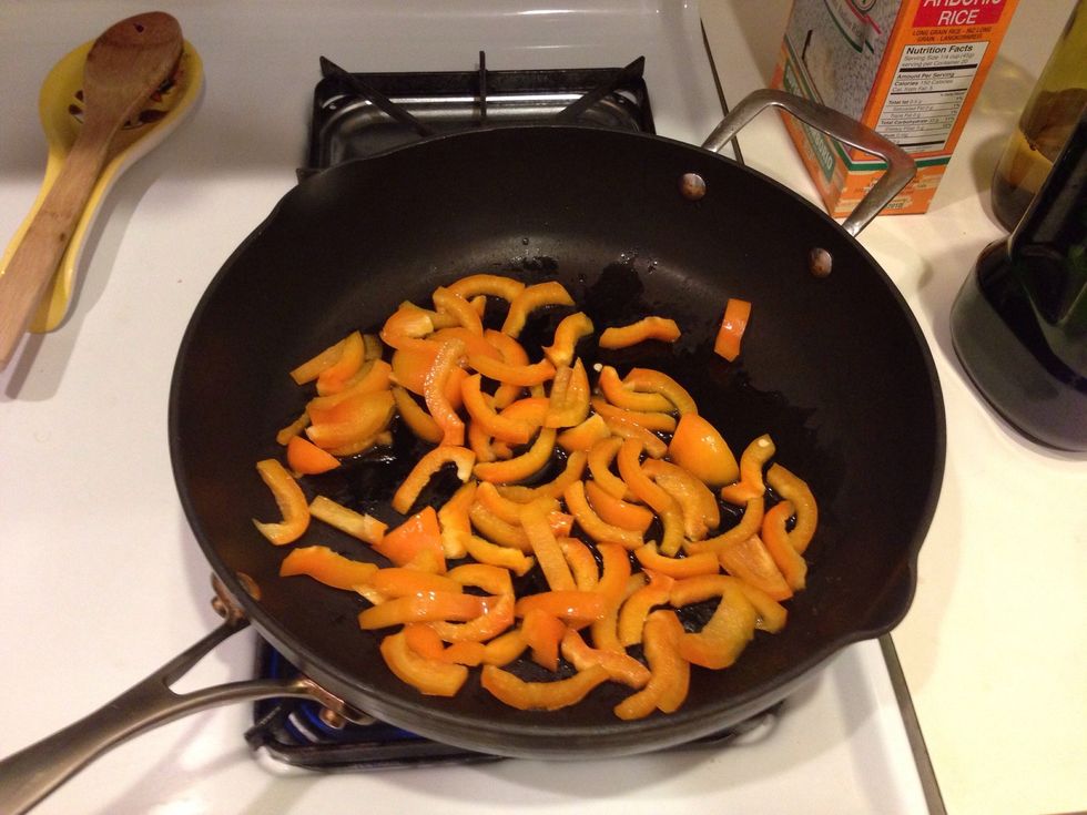 Use a large pan. Saut\u00e9 peppers first for about 2-3 min
