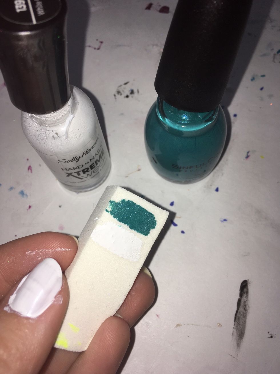 Use a make up sponge and paint on it your two colours of choice