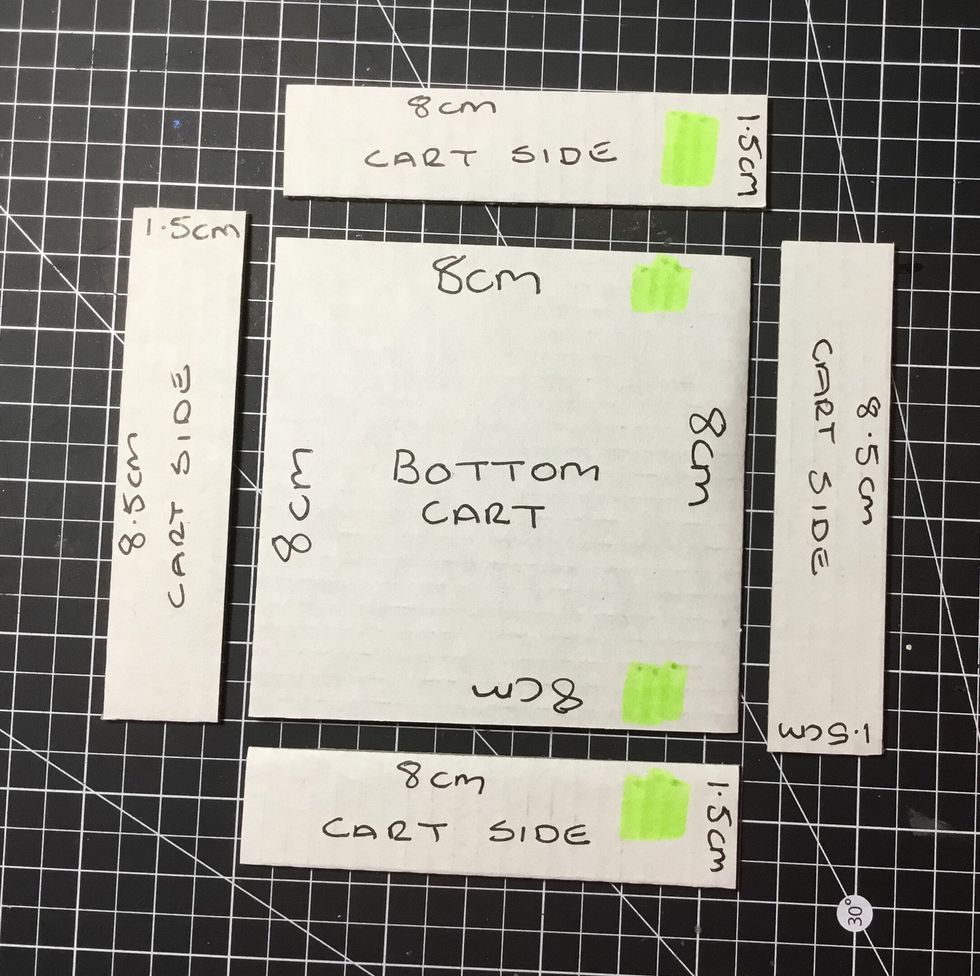 Use a marker pen to mark the 8cm side pieces as shown. These 2 pieces need to be placed opposite each other as shown.