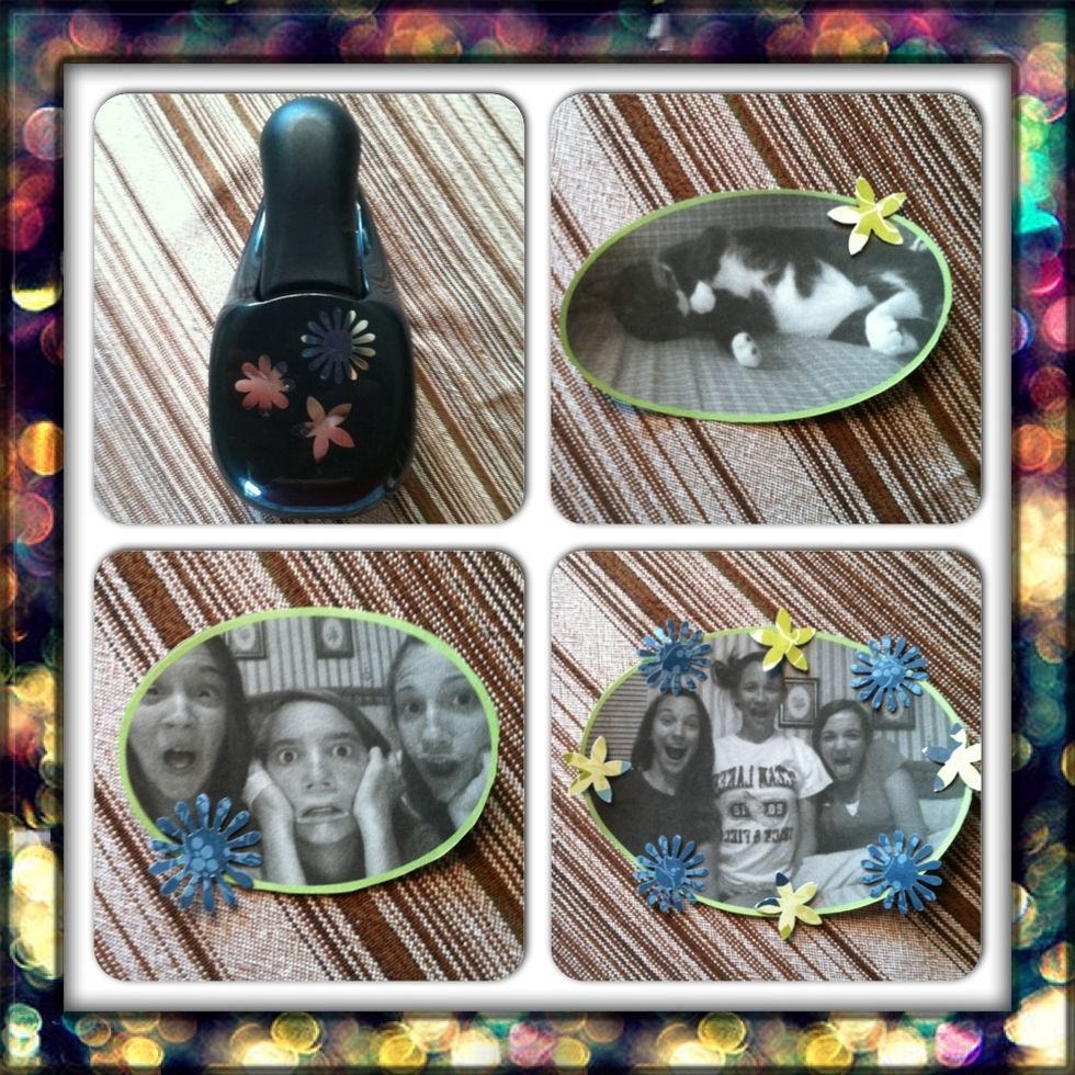 Use a paper shaper or hand cut flowers from the paper and stick onto your photos with glue, tape, glue dots, etc. My paper shaper is from Stampin' Up!