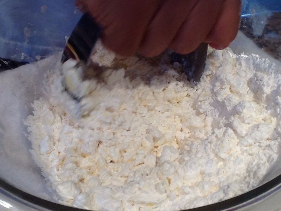 use a pastry blender or fork and knife to chop up butter. We want to do this until the texture is crumbly- do this by adding the remaing 3 tablespoons of all purpose flour a little at a time.