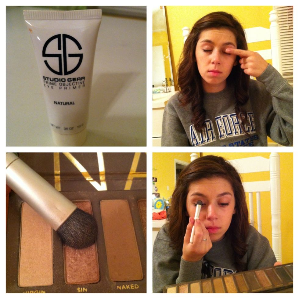 Use a primer on your eyelid and then place a light champagne shadow all over your lid in a parting motion.