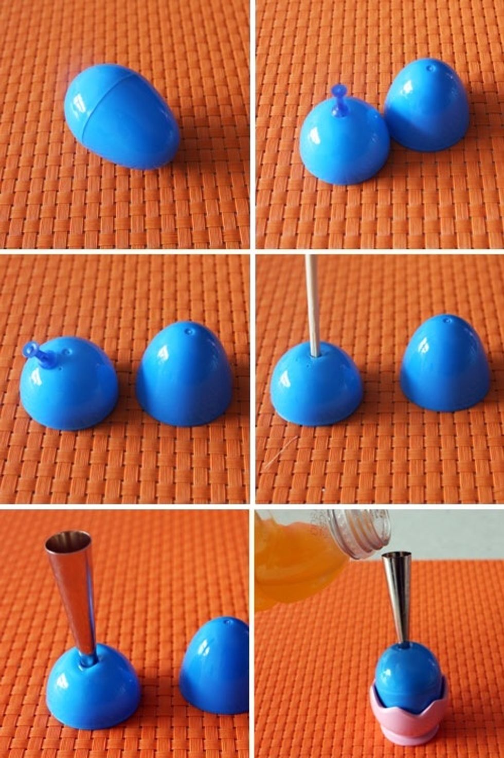 Use a pushpin to make a hole inside the center top of each egg. To make it even bigger, use a skewer an twist until your hole is large enough to fit a piping tip.