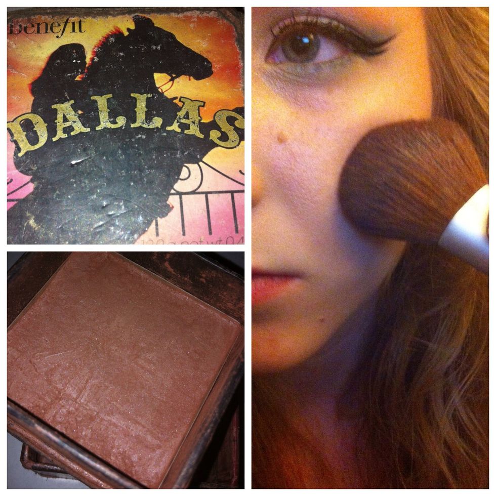Use a reliable, soft blush brush and apply a fairly matte, bronze blush to the apples of the cheeks, blending out and upward toward the temples.