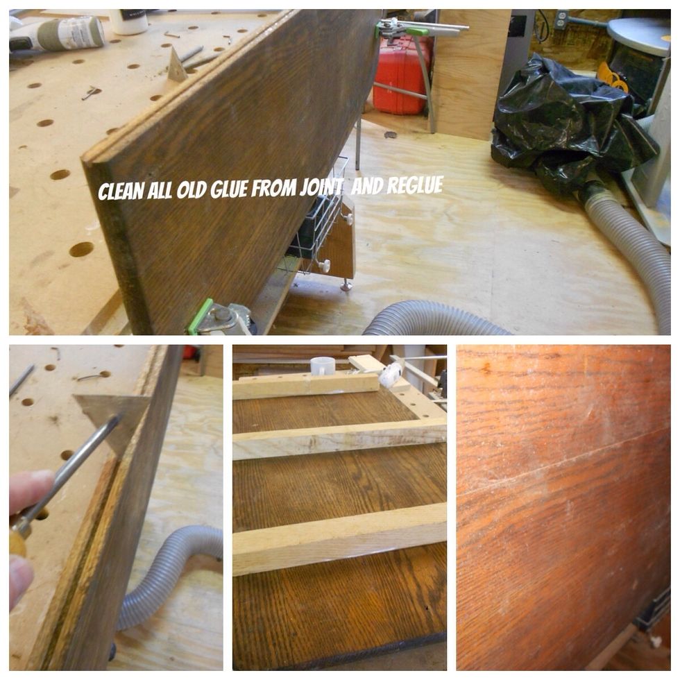 Use a scraper to clean old glue from joint surface. Apply a water proof glue to both mating surfaces spreading with a brush to minimize squeeze out. Use cauls when clamping to keep the top flat.