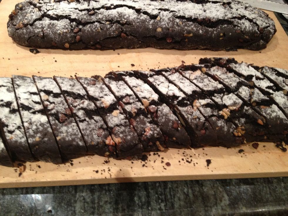 Use a serrated knife to cut biscotti diagonally into 3/4-inch slices.