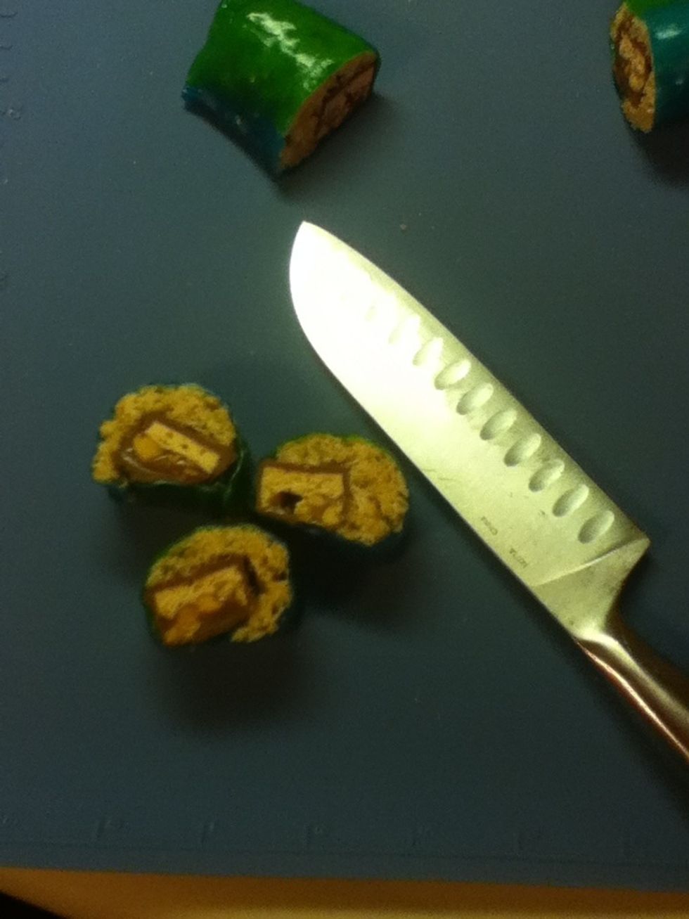 Use a sharp knife to slice up your candy sushi.