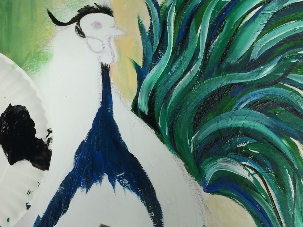 Use a small flat head brush to add blue short, vertical brush strokes to the chest.