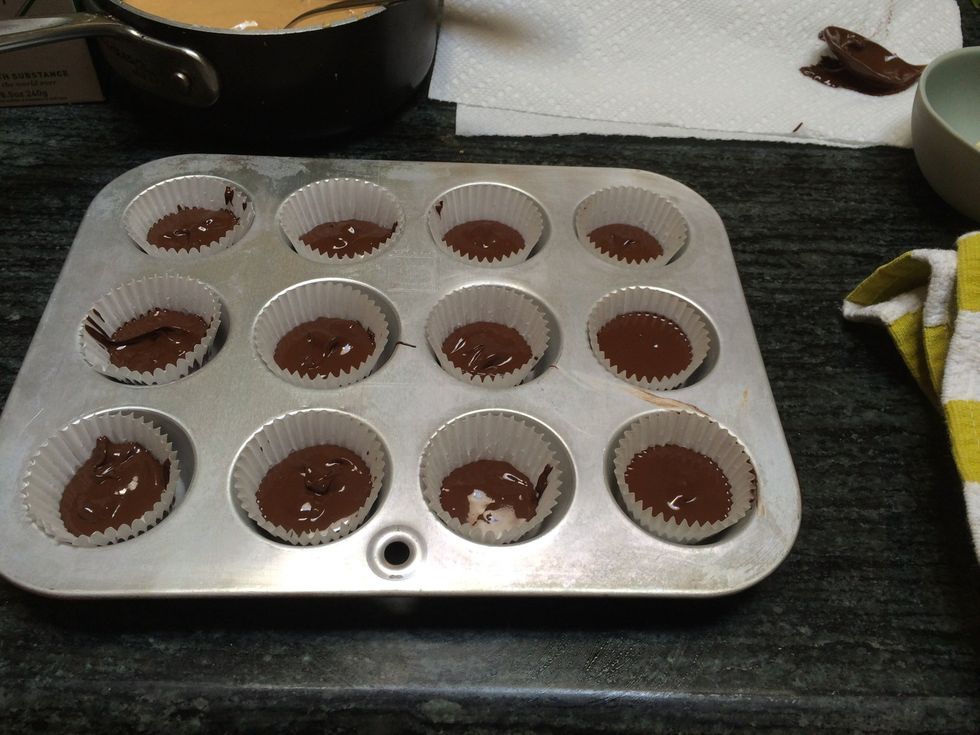 Use a spoon to drop the chocolate into the liners.