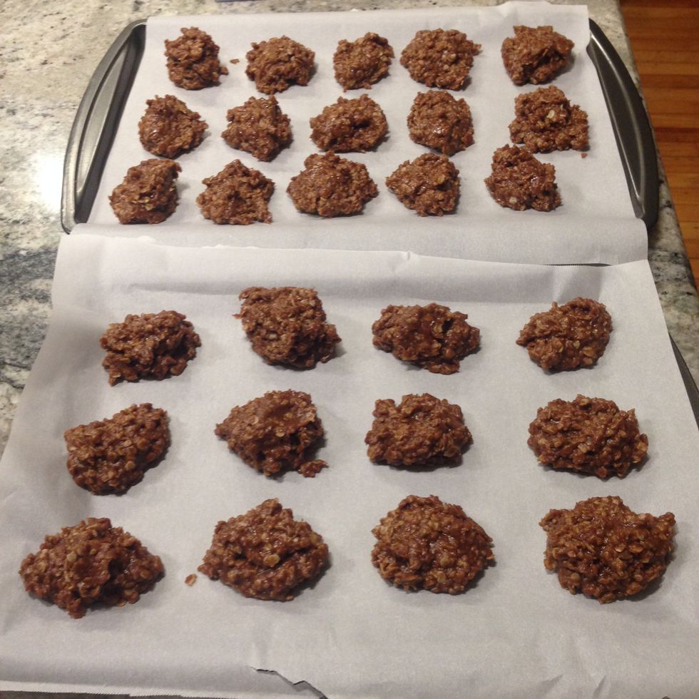 Use a tablespoon to drop the mixture onto wax paper, and let set. It can take as little as 5 minutes for the cookies to begin to hold their shape. Ta-da! You are done, now clean up your mess. :)