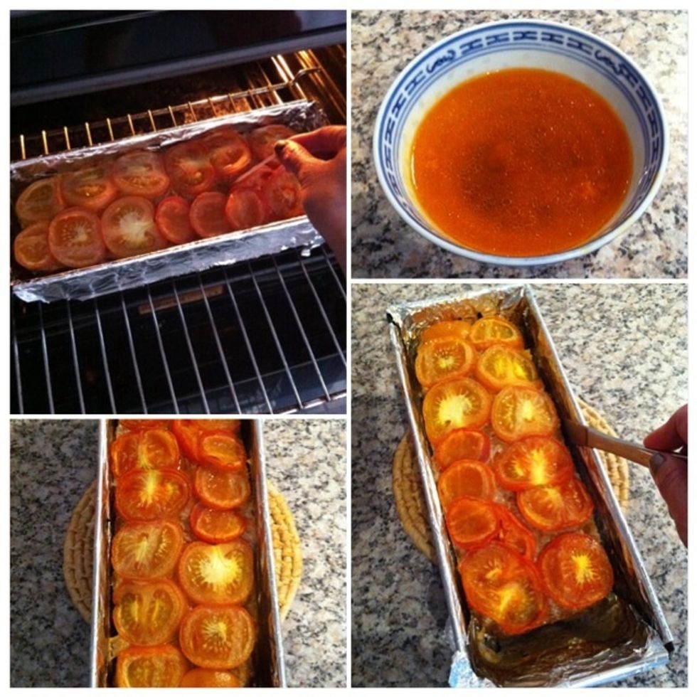 Use a tooth picker to check if meat is ok. Use oven gloves to take out the baking tin and let it cool down a little bit before start to cut/ take it out. Tip: dont throw away the juice! Put in a bowl.
