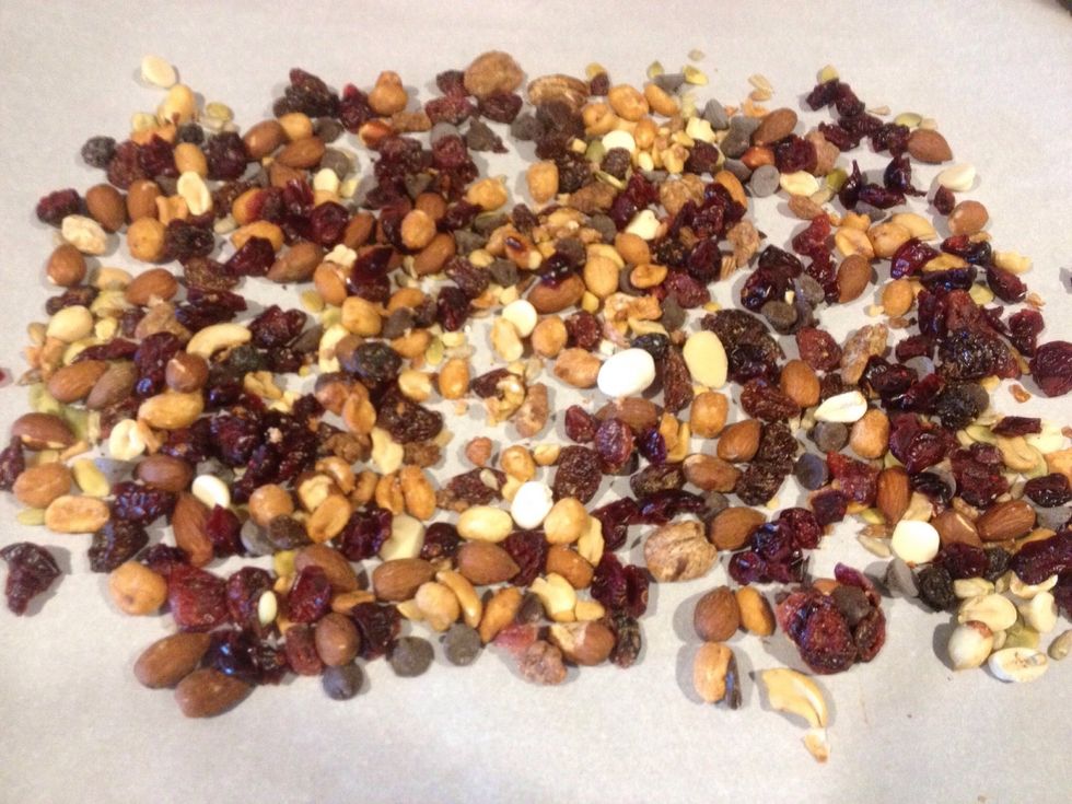 Use a trail mix that you like. I prefer sweet and tangy. Spread on a parchment-lined cookie sheet.