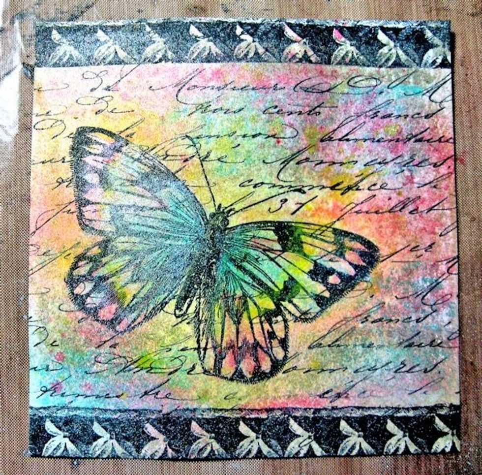 Use a waterbrush to pick up color from the gelatoes and paint the interior of the butterfly wings. Just brush the bristles directly onto the gelato, then paint. Clean your brush between colors.