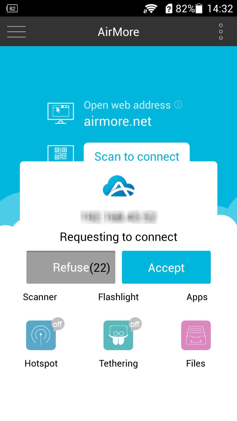 Use AirMore app to scan the QR code on the web. But before that, make sure your Android and PC are under the same WiFi network. Tap \u201cAccept\u201d when a window pops up on your Android.