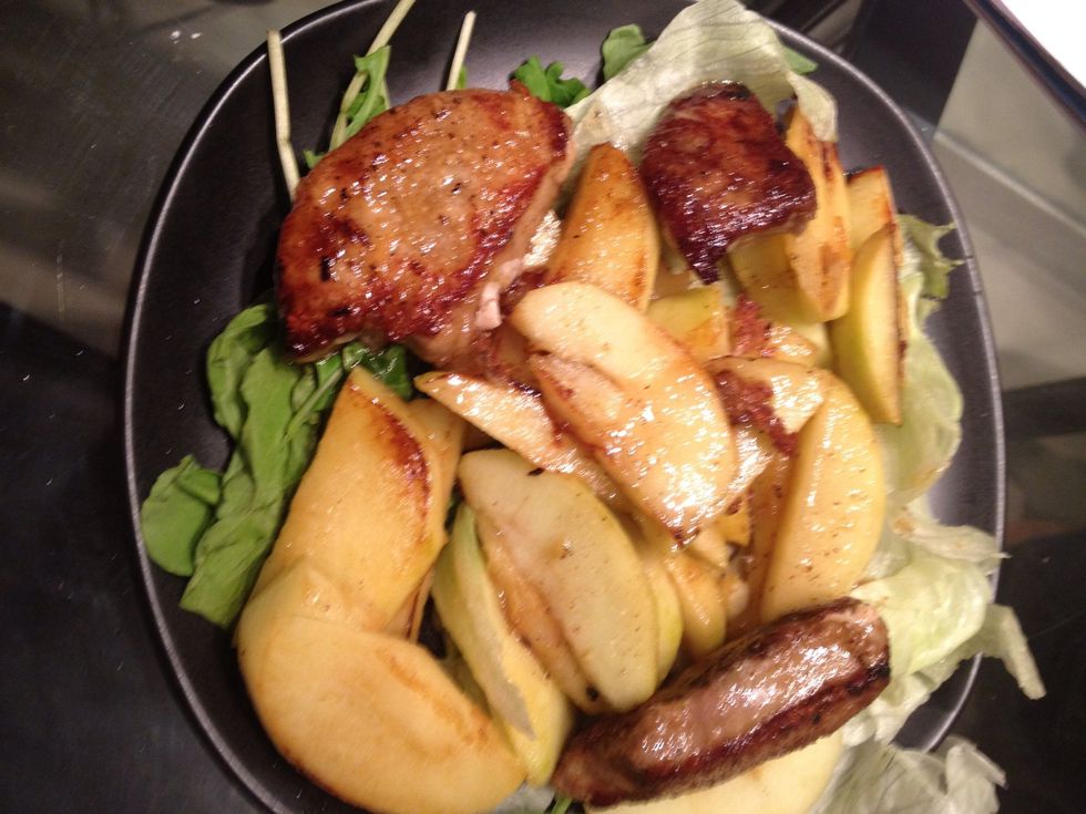 Use an offset spatula put the foie gras on the salad. Add salt and pepper. Discard the foie gras fat. U can drizzle with more balsamic and olive oil, but it's good as is. Enjoy! \ud83d\udc97