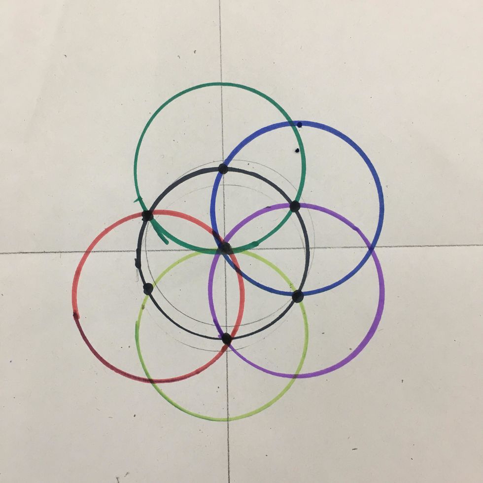 Use another color to create 6th circle. Line the cup with the center of the third circle and center of 1st circle.