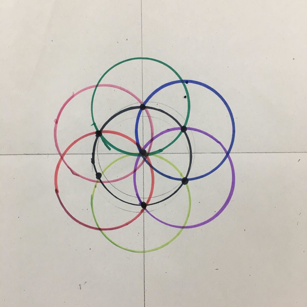 Use another color to make last (7th) circle. Line cup with center of first circle and center of 6th circle.