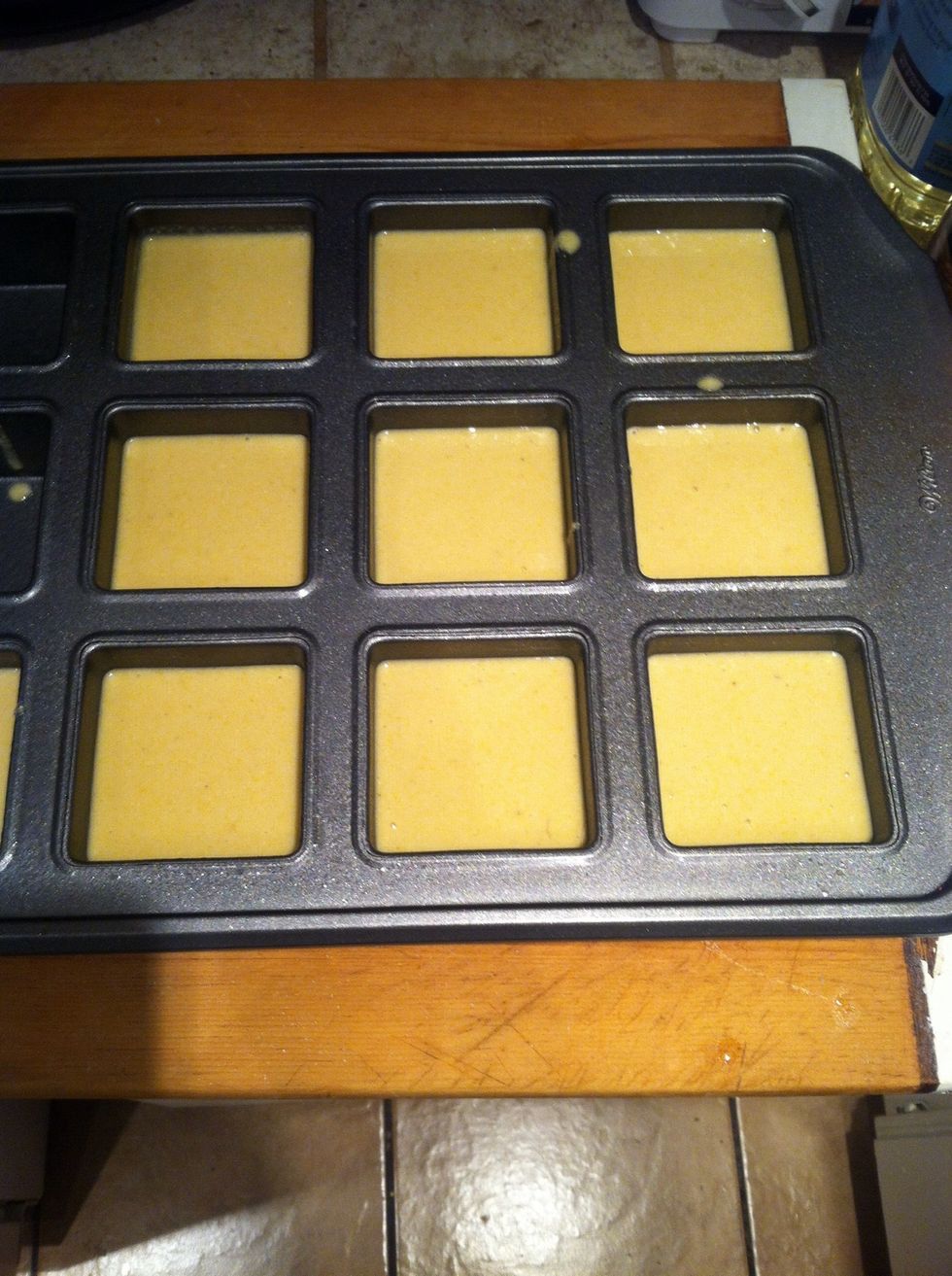 Use any cake pan you would like of your choice or cast iron. Preheat your oven to 350* cook for 25 min. Once done you can spread a little butter on top of you corn bread.