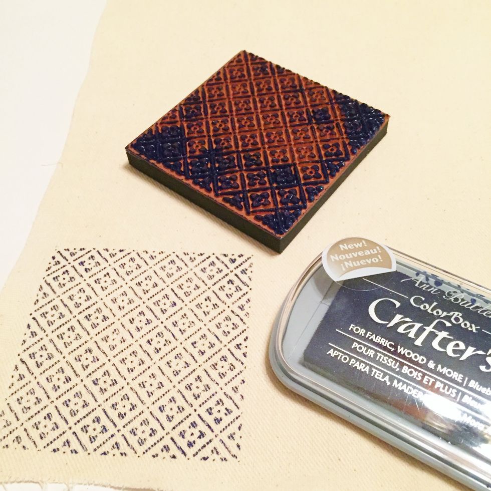 use Blueberry Ink and Picnic 1 stamp to stamp design on canvas.