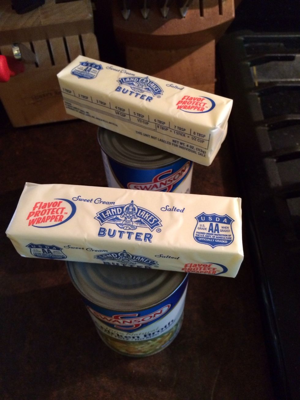 Use broth from a cooking turkey or chicken if have it. Or can use stock from giblets with onion and celery. I'm out so I keep backup canned stock. To add flavor I add one stick of butter to each can.