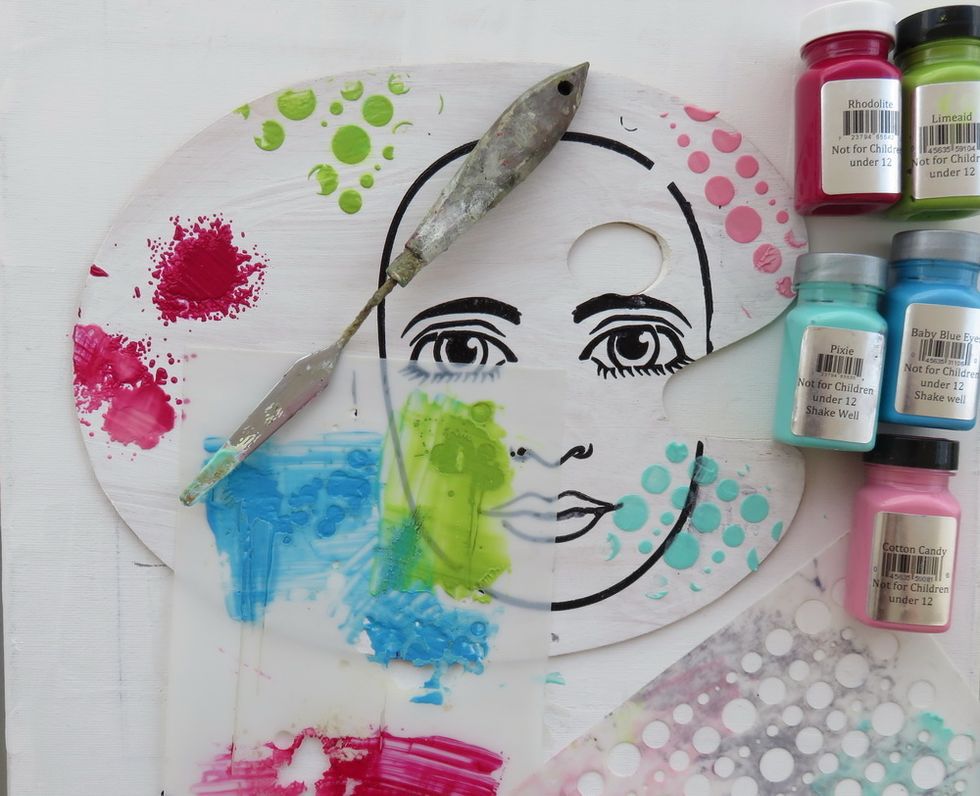 Use Bubbles stencil and Such a Drip stencil all over the piece with Velvet Limeaid,Gemstones Rhodolite, Velvet Cotton Candy, Sorbet Pixie and Sorbet Baby Blue Eyes paints.