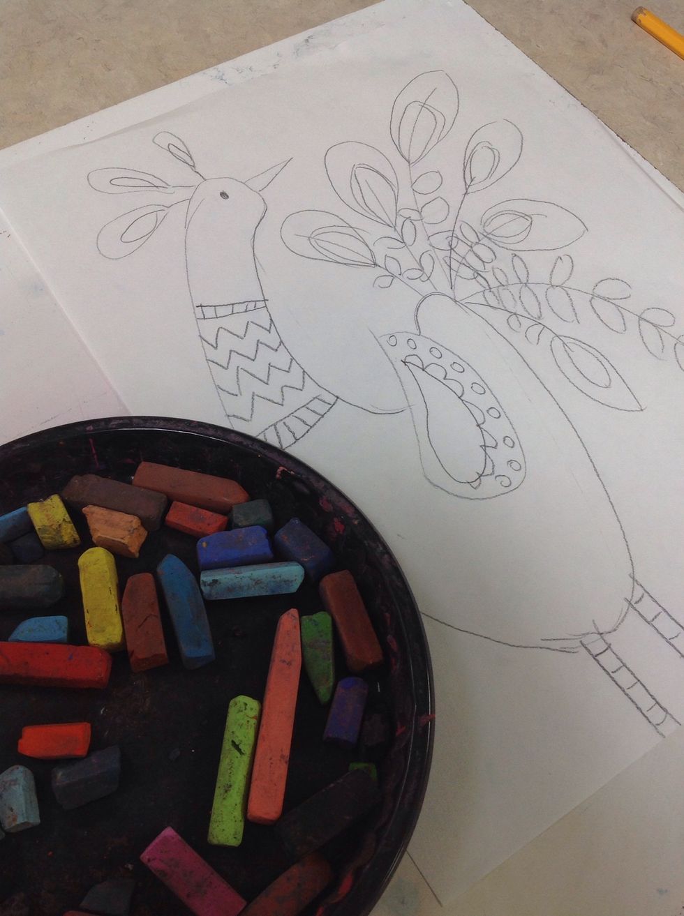 Use chalk pastels to color drawing.