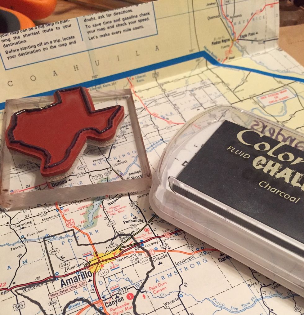 use Charcoal Chalk Ink to stamp "open texas shape" on vintage map paper