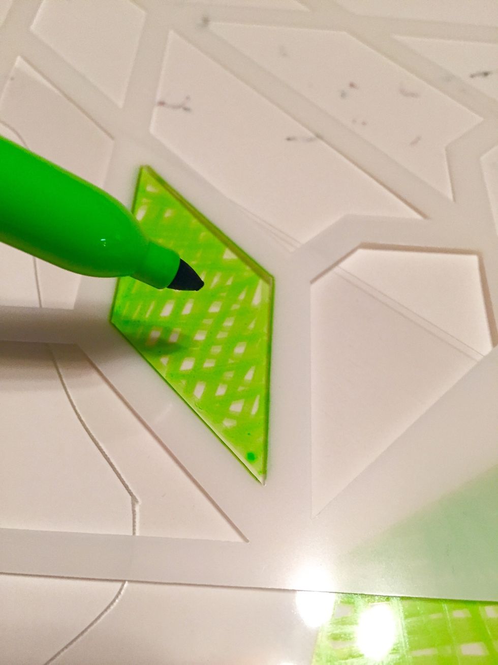 use Chrysanthemum stencil and Lime Sharpie to make 6 diamond shapes on leftover pieces of Shrink Film.