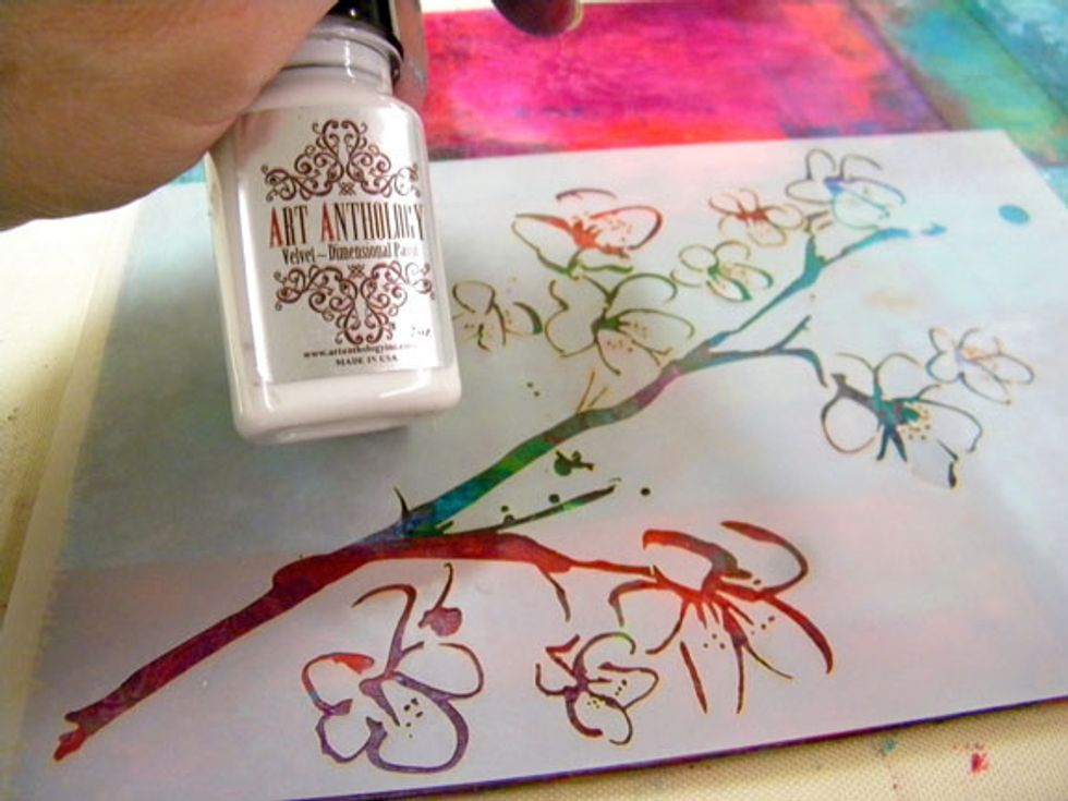 Use Cotton Velvet this time with the Blossom stencil on a few of the color blocks and let dry.