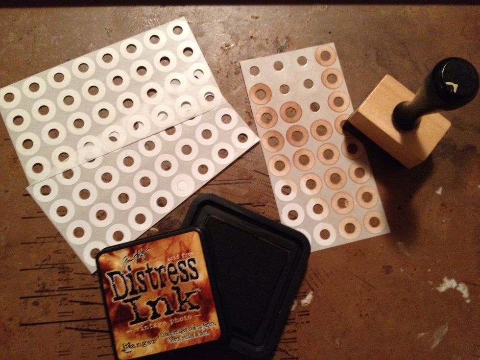 Use distress ink to color standard paper hole reinforcers. (Ink, markers, paint & chalk work great also !)